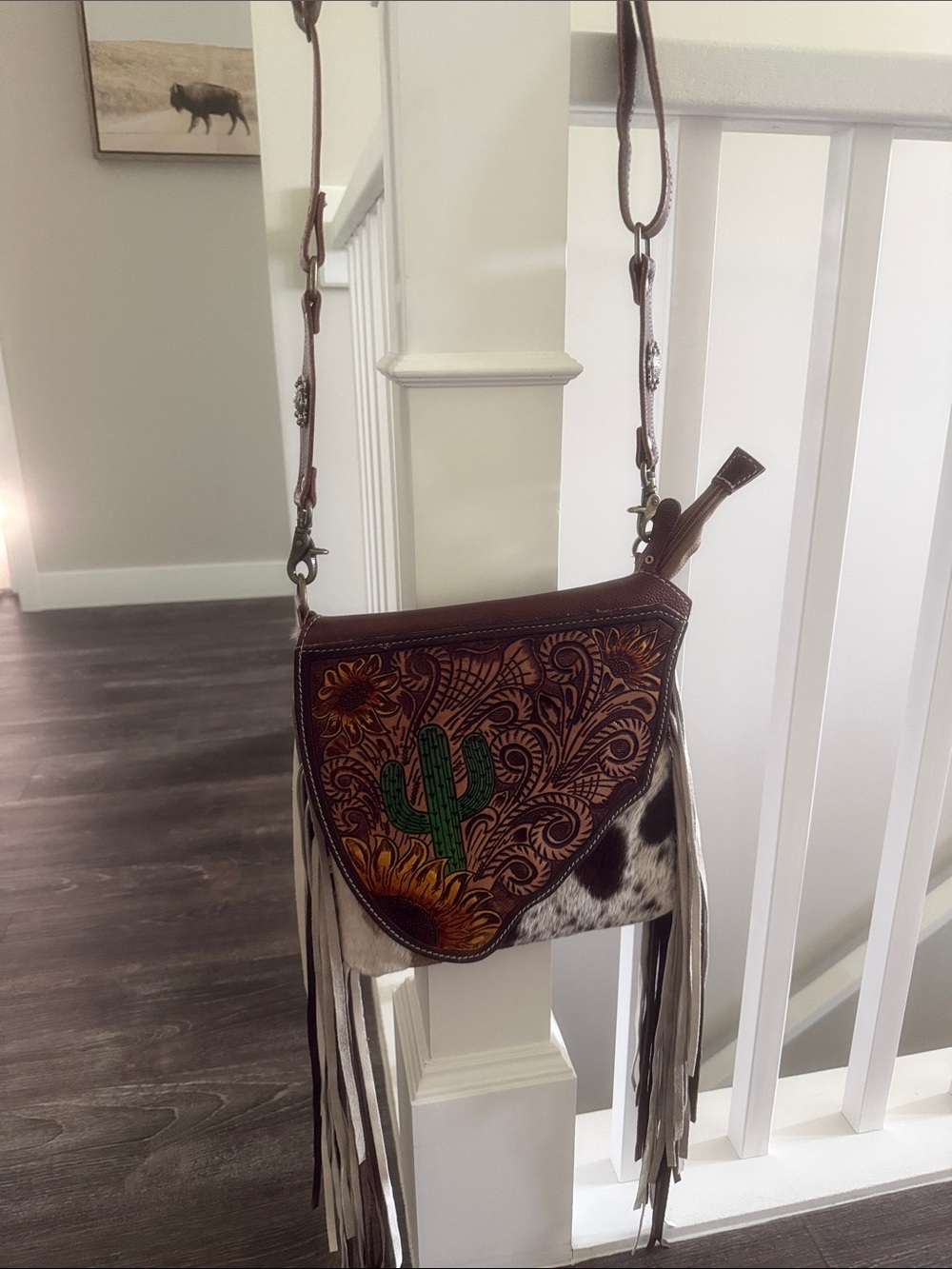 Myra Bag Brown Tooled Leather Crossbody with Hair-On-Hide Like new